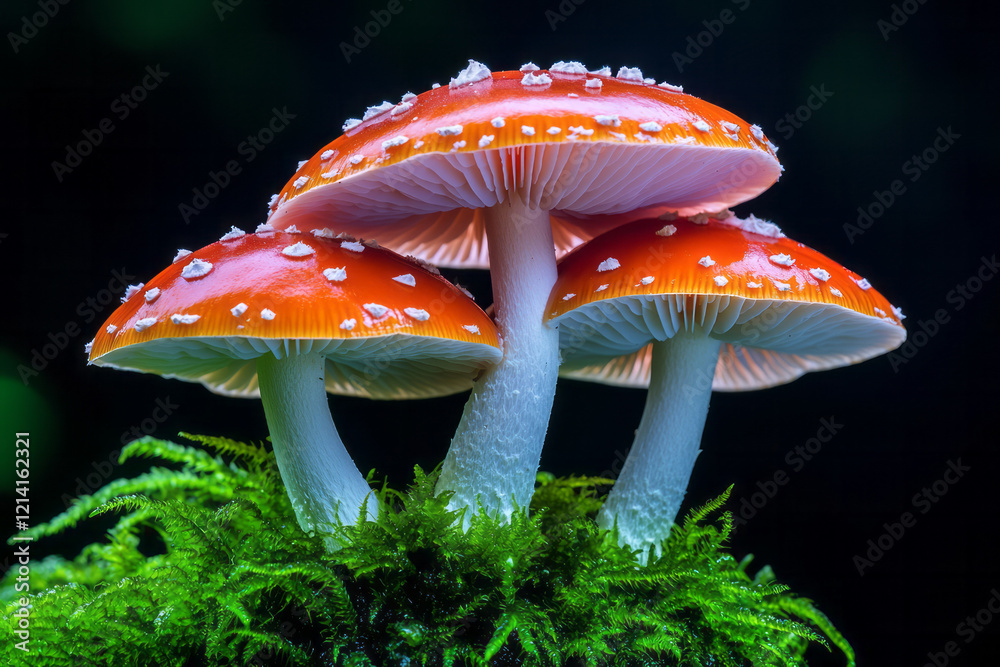 Poster a vibrant macro shot of a cluster of mushrooms with bright red and white caps, set against a lush gr