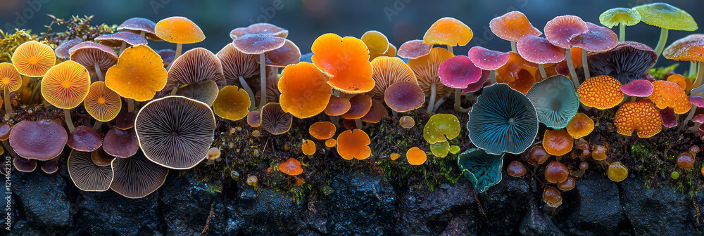 Leinwandbilder an artistic close-up of a group of tiny mushrooms forming a natural mosaic on a flat stone, with vib