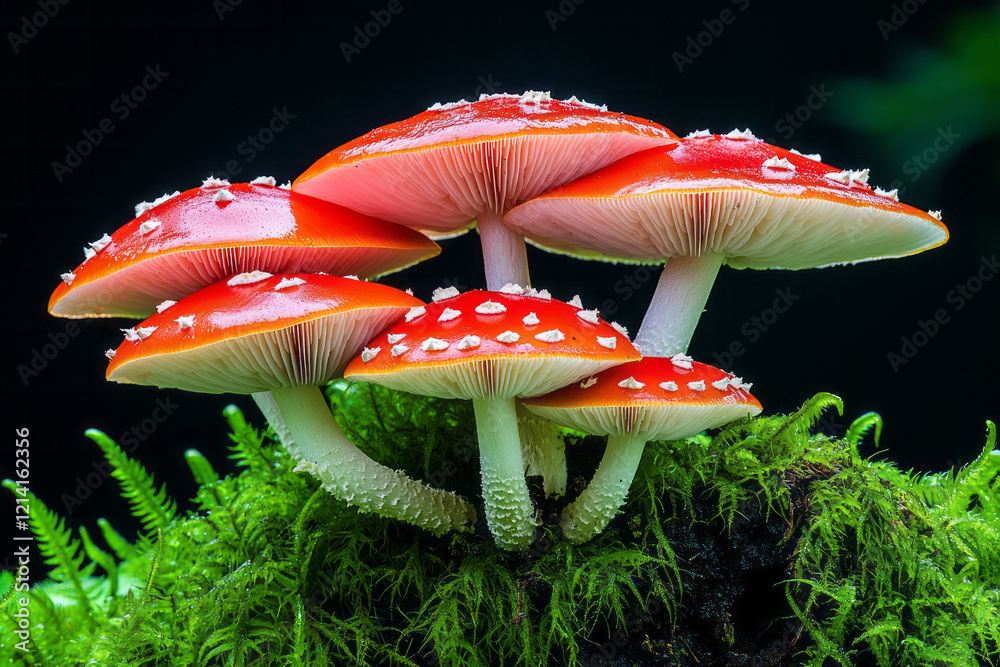 Poster a vibrant macro shot of a cluster of mushrooms with bright red and white caps, set against a lush gr