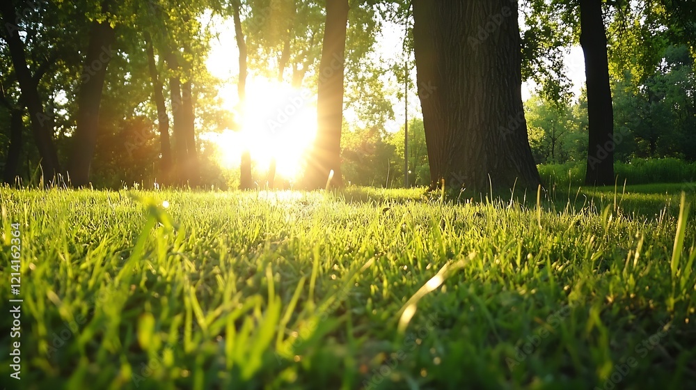 Poster Sunset Through Lush Forest Creating Golden Sunburst Effect on Grass : Generative AI