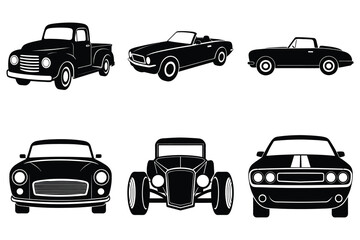 Vintage car silhouettes flat design vector set on white