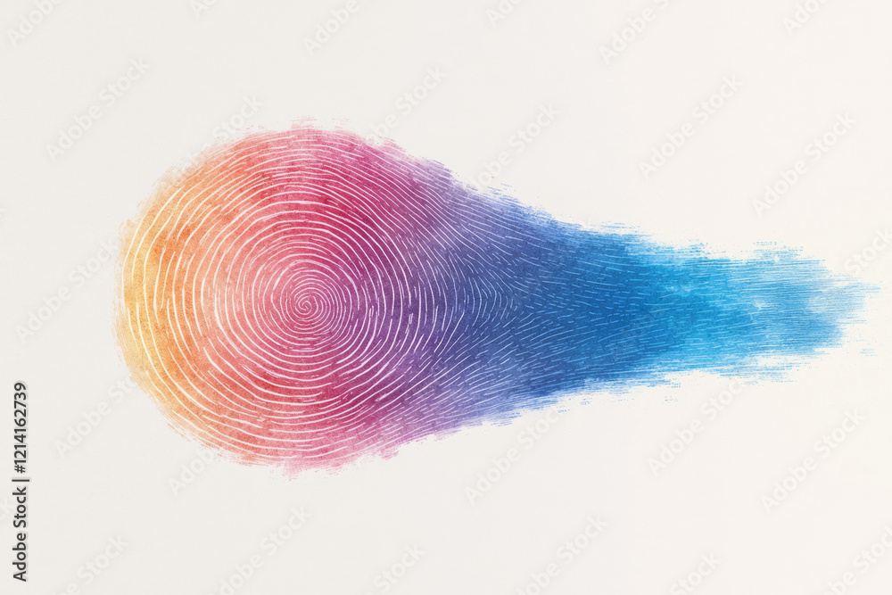 Fototapete A vibrant close-up of a fingerprint with a watercolor effect, blending multiple colors and soft edges to create an artistic and dynamic background that highlights the fingerprintâ€™s details,