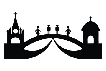 Bridge of Interlocking Religious Symbols - Vector Illustration of Silhouettes Walking Across a Bridge Connecting Two Peaceful Landscapes, Emphasizing Unity, Peace, and Diversity in Design