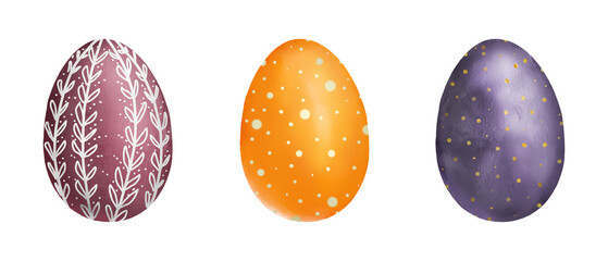 Bright festive Easter eggs in a set. Watercolor digital illustration. Purple, ginger and red eggs with patterns, isolated on a white background. Spring and Easter theme, for cards, greetings