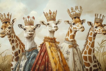 Obraz premium Five crowned giraffes in elegant, decorative attire stand.