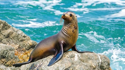 Fototapeta premium A sea lion basking on rocks by the ocean.