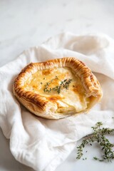 Golden onion pie with Gruyere cheese and fresh thyme on linen backdrop
