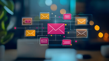 
A glowing automation workflow diagram connecting email, ads, and social media campaigns, e mail concept