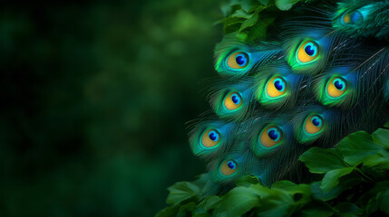 An artistic macro shot of vibrant peacock feathers fanned out gracefully, set against a softly blurred green foliage background to emphasize their rich colors and patterns,