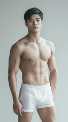 Fototapeta premium The handsome Asian male in white swimming pant