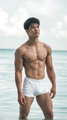 The handsome Asian male in white swimming pant