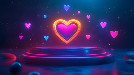 
A glowing reward badge with engagement metrics like likes, shares, and comments, background with hearts