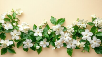 White flowers and green leaves arranged in a wavy line on a beige background.