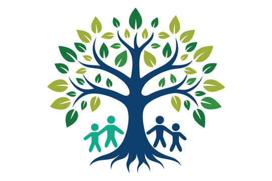 Tree of life, stylized family tree, blue trunk, green leaves, paper cutout figures, circular design, unity symbol, growth icon, abstract family representation, organic shapes, environmental concept, 