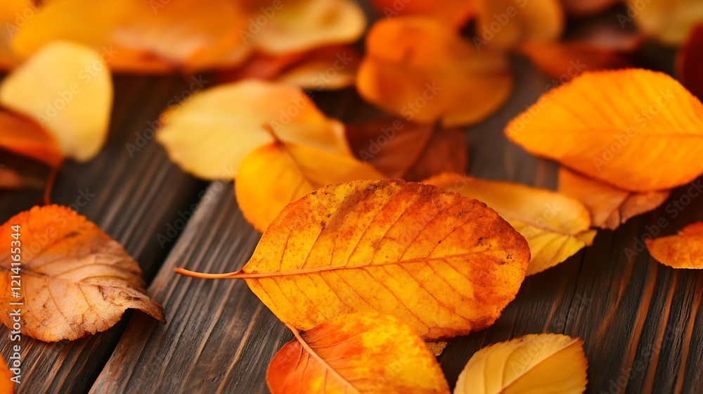 Poster vibrant autumn leaves on rustic wooden surface capturing fall colors : generative ai