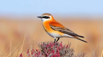 Orange bird perched on plant, grassland background, wildlife photography, nature stock image