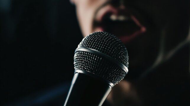 Close-up of a microphone with a blurred singer in the background.  A moment of raw vocal performance captured.