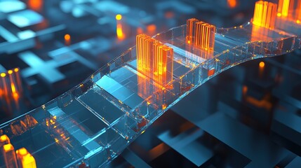 A radiant translucent bridge connecting fragmented glowing bar graphs in a surreal corporate space