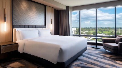 Modern Hotel Room with Bright Natural Light and Scenic View from Large Windows : Generative AI
