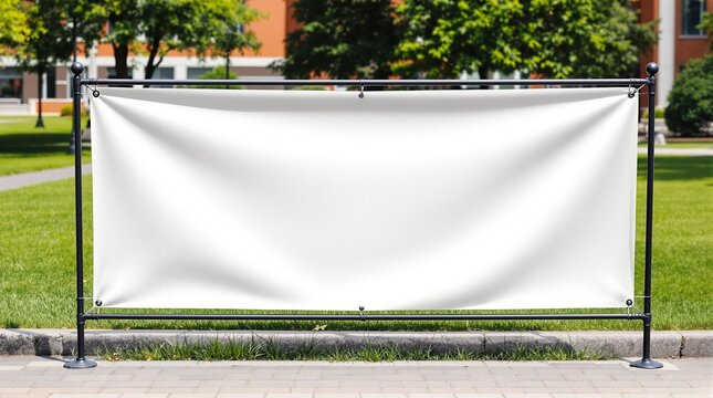 blank sale banner on university lawn for educational advertising, event promotions, and institutional marketing