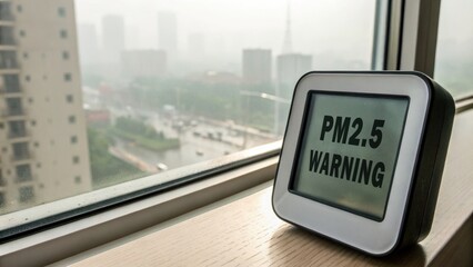 air pollution PM2.5 concept, Air quality monitor displaying PM2.5 warning