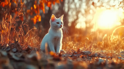 Fototapeta premium A curious white kitten stands in a sunlit autumn field, surrounded by golden leaves and glowing warm light, capturing a moment of innocence and seasonal charm. 