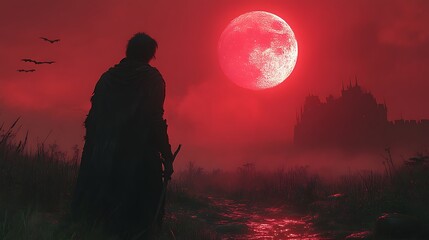 Silhouette of man facing red moon and castle.
