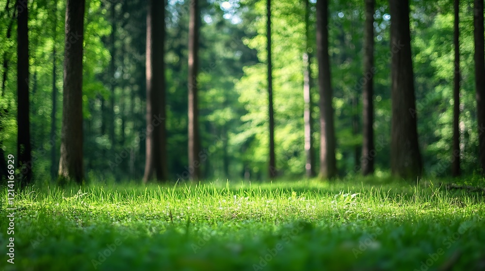 Poster tranquil sunlit forest glade with tall green trees and lush grass in soft focus : generative ai
