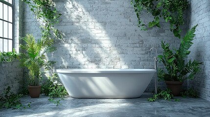 Serene Bathroom Oasis Sunlight Bathes White Tub Amidst Lush Greenery and White Brick Walls