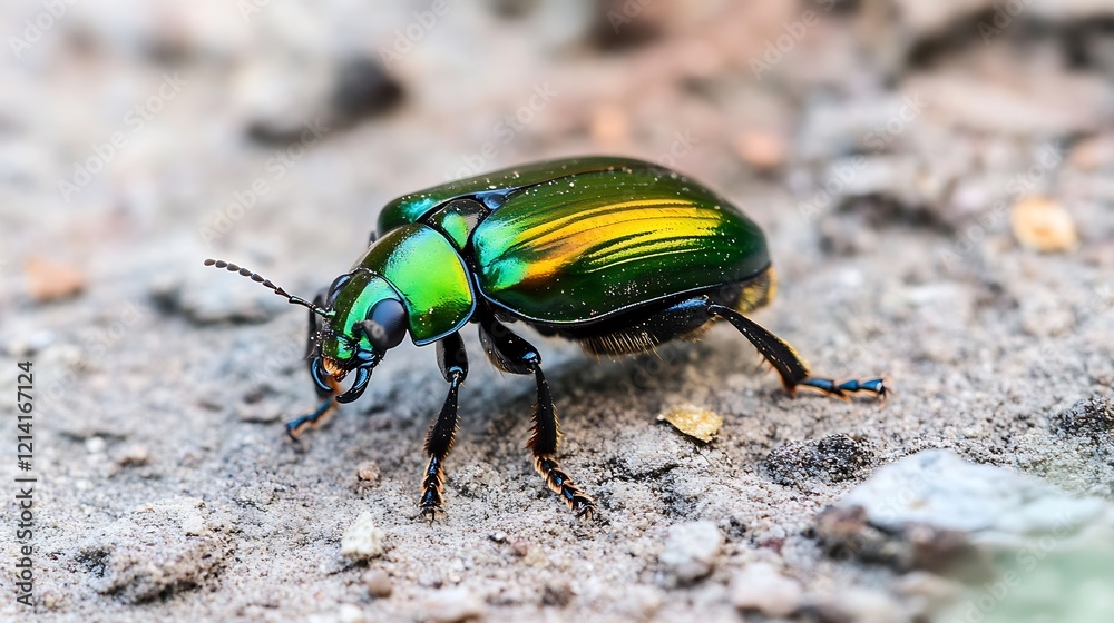 Poster macro shot of metallic green insect walking on rocky surface : generative ai