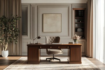 Elegant home office desk, interior design, sunlight, bookshelf, artwork