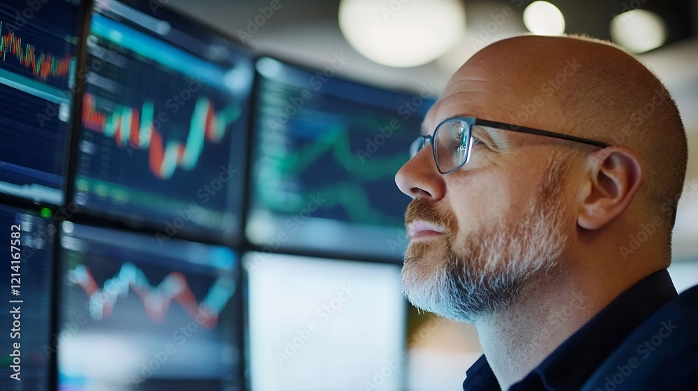 Poster Financial Analyst Monitoring Stock Market Data on Multiple Computer Screens : Generative AI