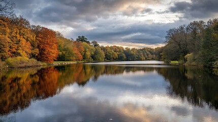 Obraz premium Idyllic Autumn Lake Scene with Reflective Waters and Forest Backdrop : Generative AI