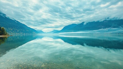 A serene landscape featuring a peaceful lake reflecting mountains, evoking a sense of inspiration and tranquility.