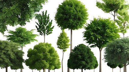 Fototapeta premium a lush green tree line isolated on a white background. The image a variety of trees with different leaf shapes and sizes, creating a dense and natural look.