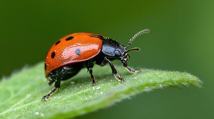 Fototapeta premium Brilliant Red Ladybug on Leaf with Stunning Detail Focus on Nature Insects : Generative AI