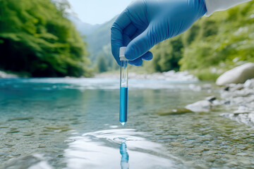 close up of a Scientist hand Collecting Water Sample from a Mountain River for Environmental Research and Analysis