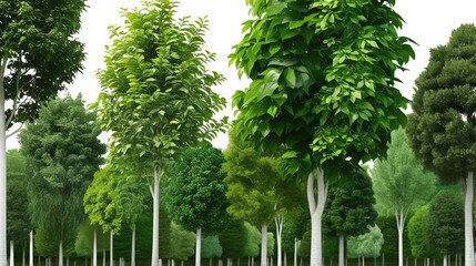Obraz premium a lush green tree line isolated on a white background. The image a variety of trees with different leaf shapes and sizes, creating a dense and natural look.