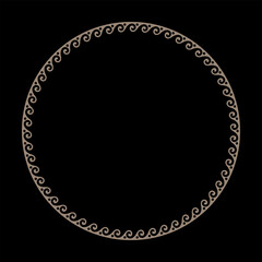 Greek gold round frame wave meander. Gold round frame. Elegant element for design in Eastern style, place for text. Floral golden border. Lace golden frame for invitations, greeting cards, embroidery