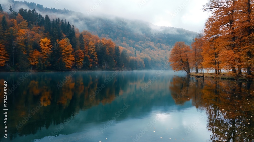 Poster misty autumn landscape with vibrant trees reflecting in a tranquil lake : generative ai