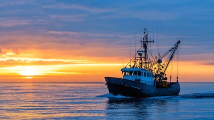 Obraz premium Fishing Boat Navigates Sunset Waters with Vibrant Orange and Blue Sky : Generative AI