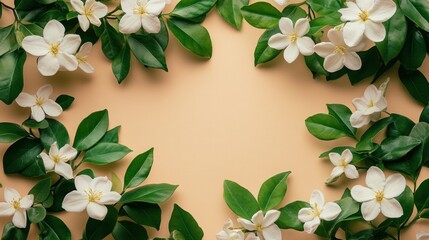 Flat lay of white flowers and green leaves arranged in a frame on a beige background. (5)