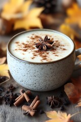 Autumnal spiced latte in speckled mug. (1)