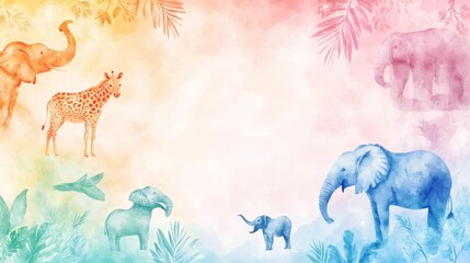 Obraz premium Watercolor animals and tropical leaves on painted background.