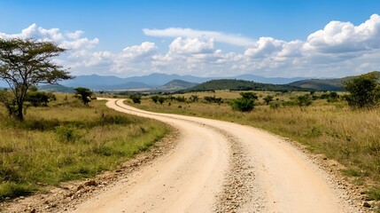 Fototapeta premium Scenic Rural Dirt Road Winding Through African Savannah on a Sunny Day : Generative AI