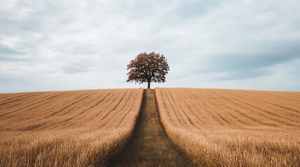 Lone Tree in Golden Wheat Field Under Expansive Blue Sky Serenity and Solitude in Agriculture : Generative AI
