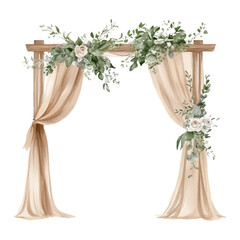 Watercolor wedding arch with greenery and flowers, beige curtains, isolated on a white background
