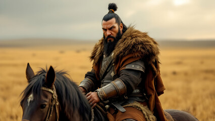 Strong Warrior on Horseback in Golden Landscape