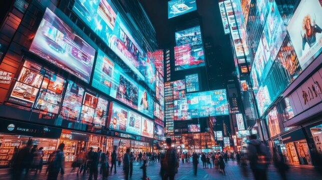 A bustling city street at night, with people walking along the sidewalk and tall buildings lined with bright digital billboards showcasing various advertisements.