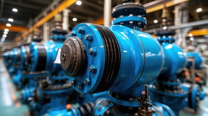 Fototapeta premium Close-up of a large industrial blue valve in a modern factory, showcasing precision engineering, robust design, and the functionality of industrial machinery.
